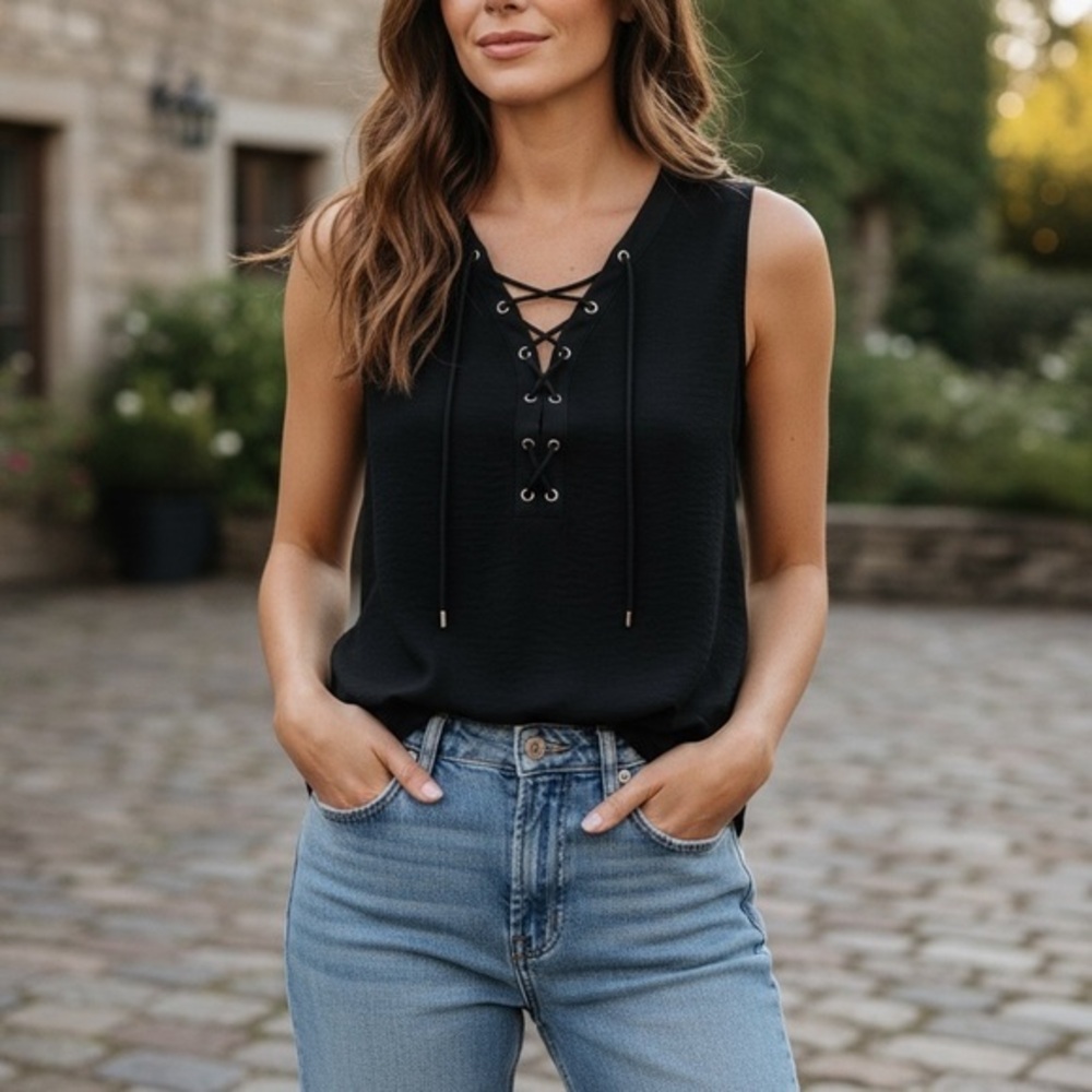 White House Black Market Black Sleeveless Lace-Up Top Size Small